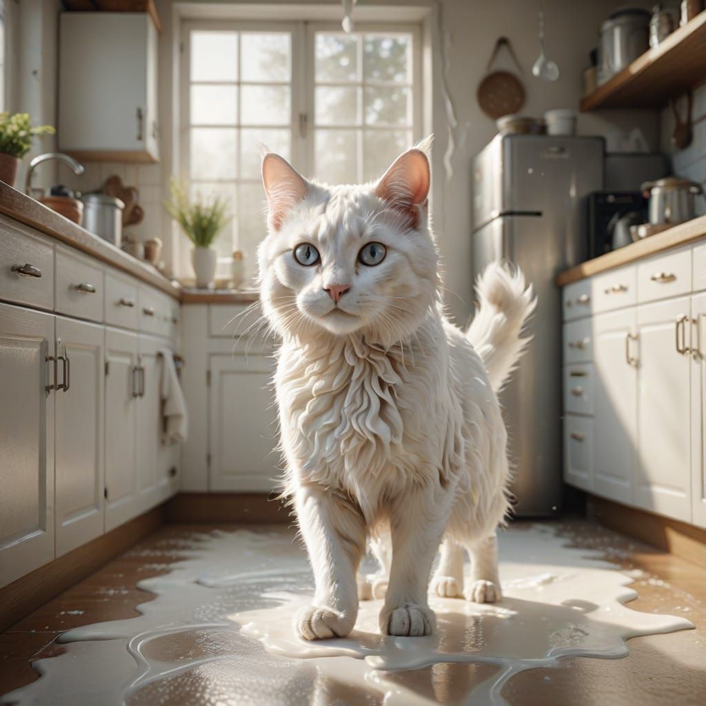 Milk Cat Creates Swirling Paw Prints in Kitchen