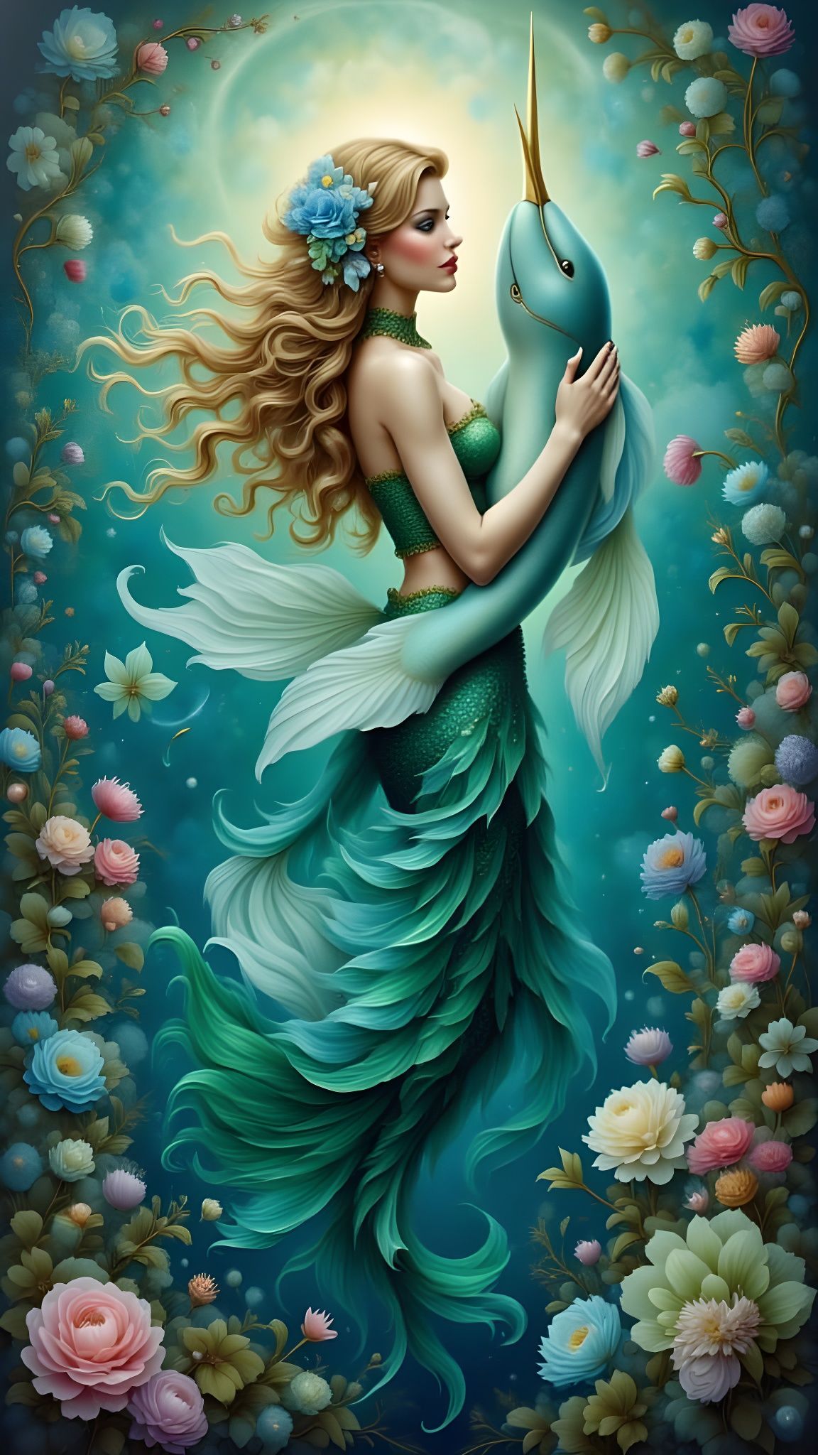 Mermaid and Narwhal Friends in Deep Sea Oil Painting