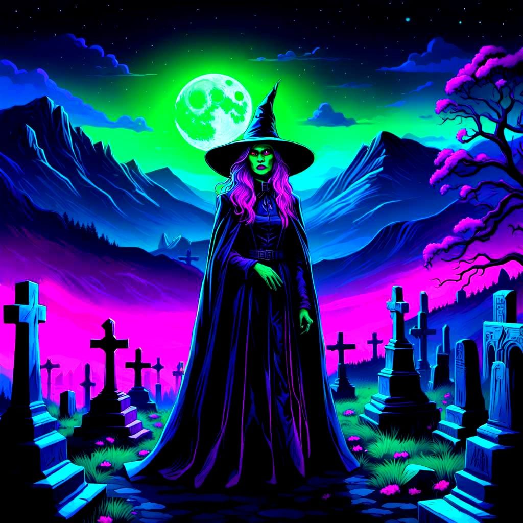 Dark Evil Witch in Winter Cemetery: Neon Synthwave