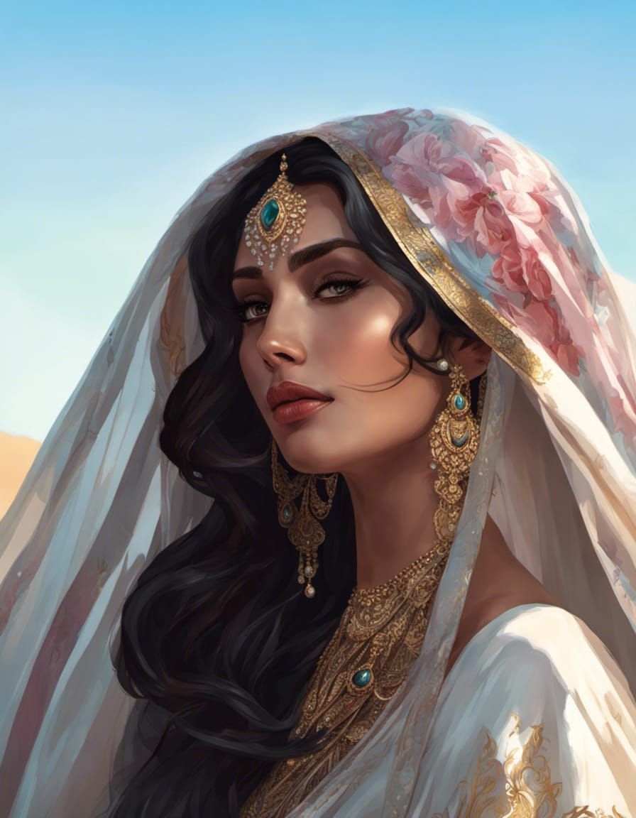 Elegant Saudi Bride Portrait in Hyperdetailed Comic Art