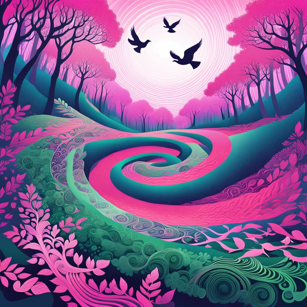 Abstract Fractal Forest Path with Pink Sky