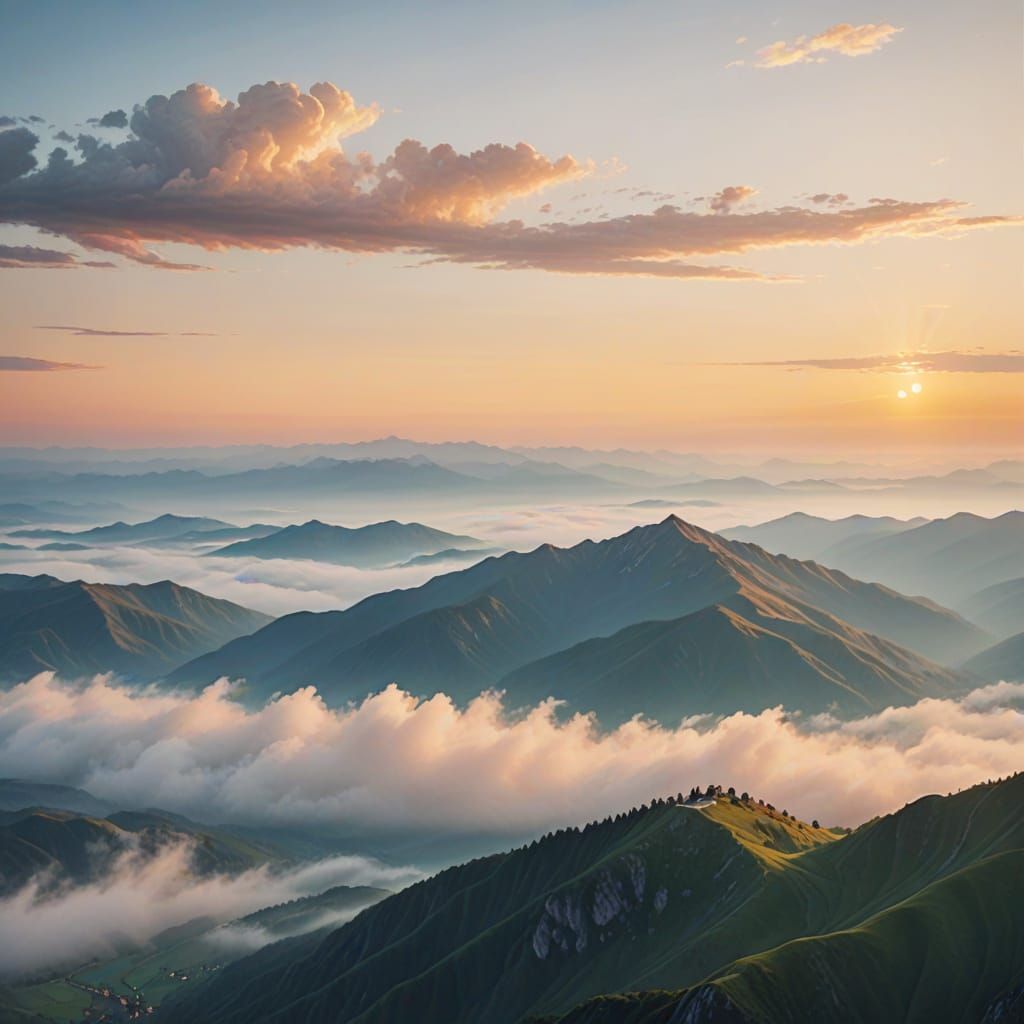 Soft Focus Sunset Over Mountains: Oil Painting