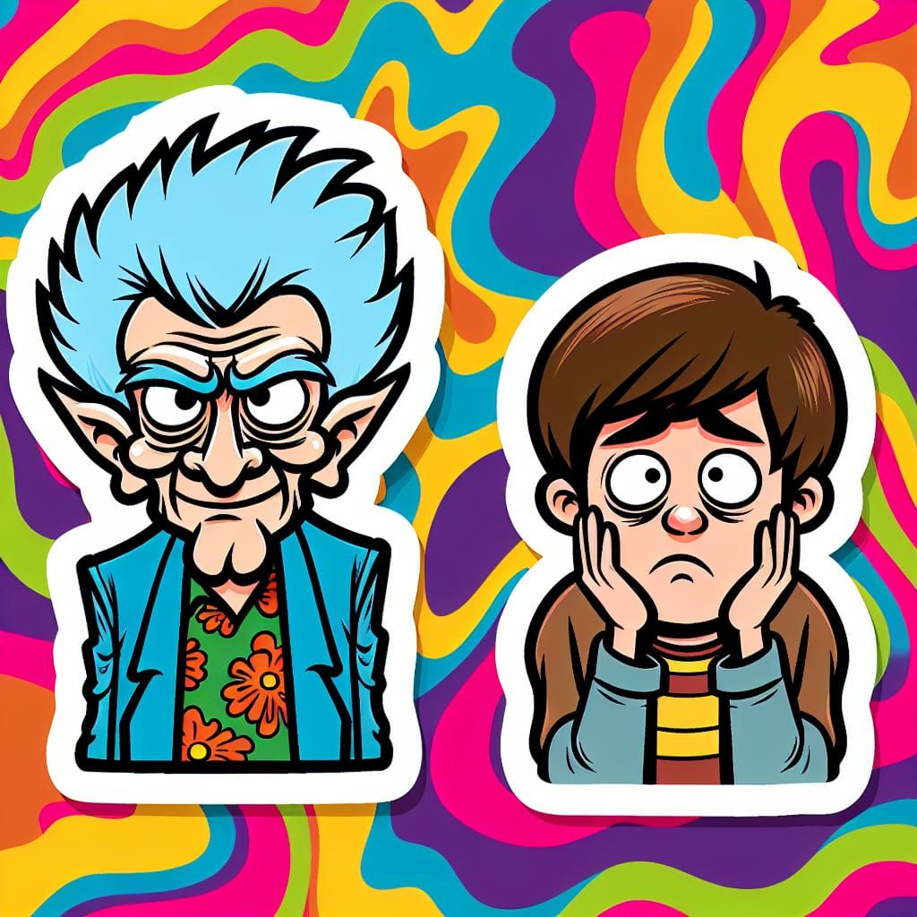 Groovy Cartoon Sticker of Grandpa and Grandson