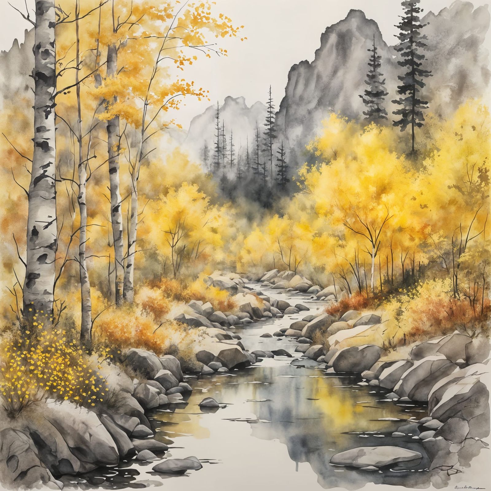 Peaceful Aspen Forest Trail in Autumn Watercolor