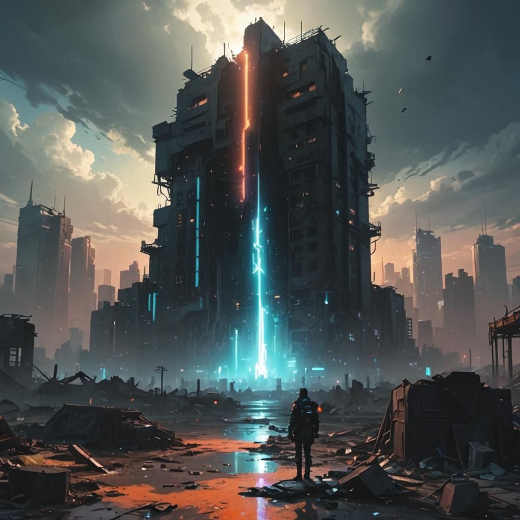 Cyberpunk Survivor in Post-Apocalyptic Cityscape