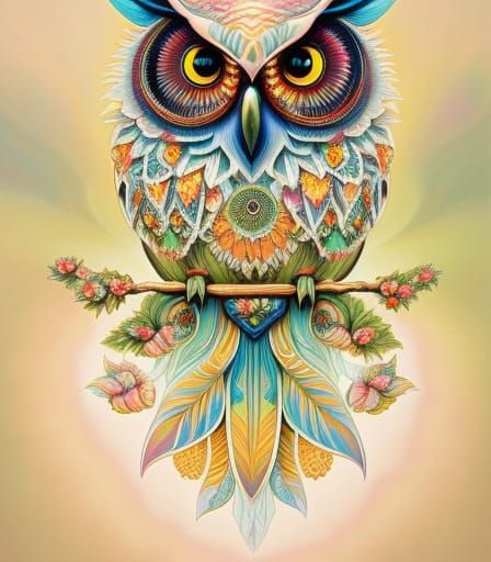 Detailed Owl Painting with Floral Elements