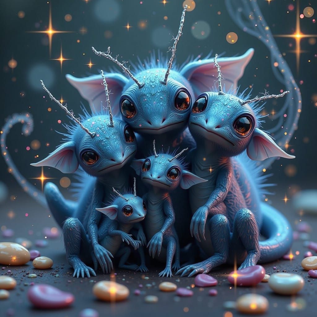 Cute Shy Critters Cuddle Food in Dreamlike Sparkle