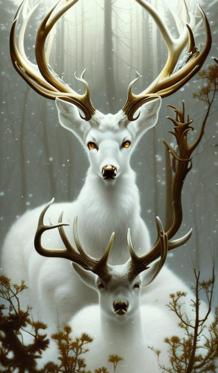 Majestic White Deer Portrait in Snowy Forest