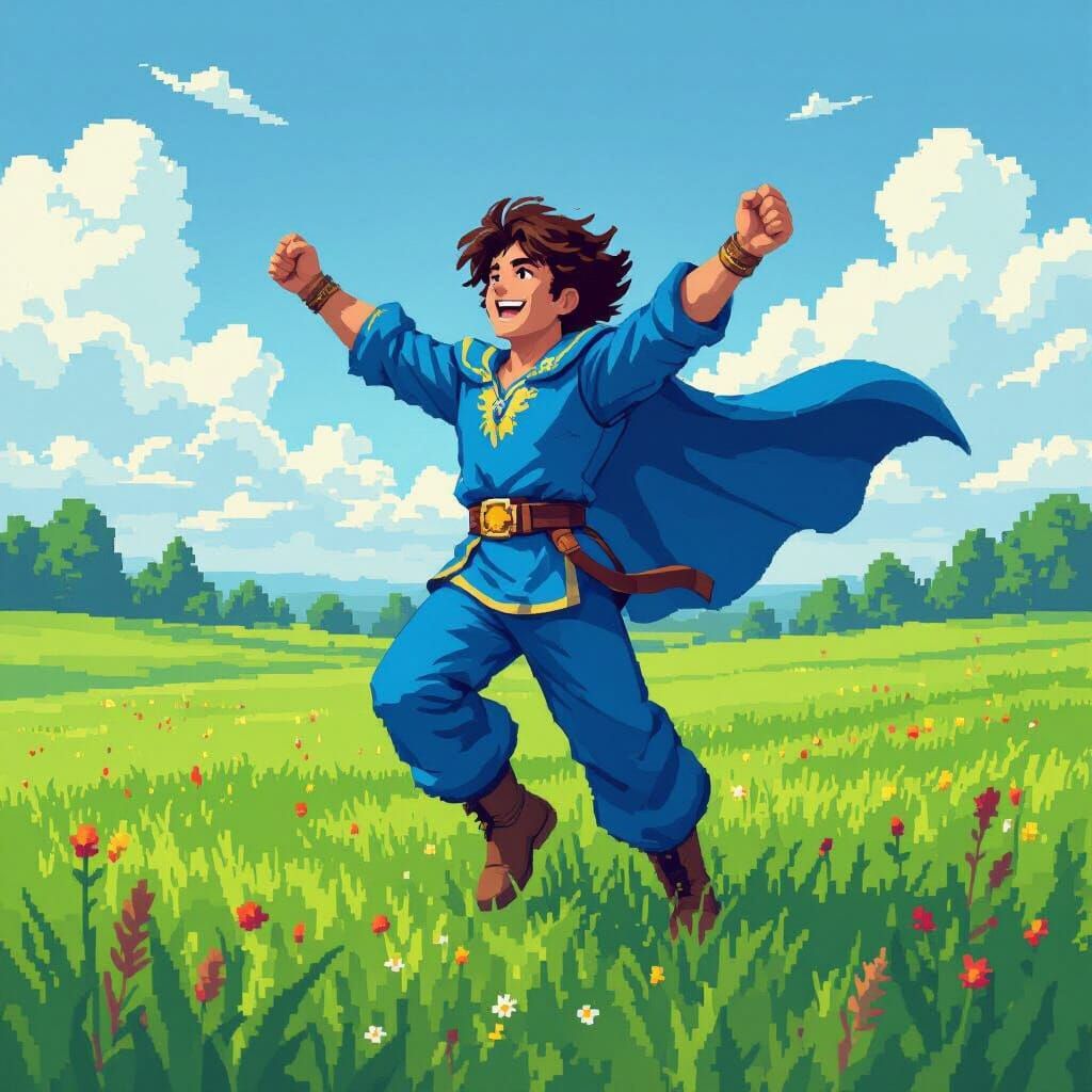 Triumphant 8-bit Hero Dancing in Pixel Art Style