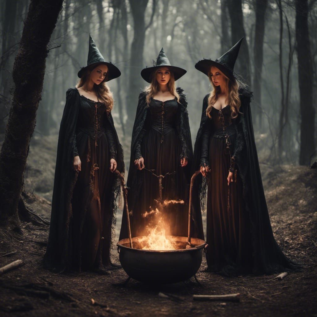 Medieval Witches Around Cauldron in Dark Forest