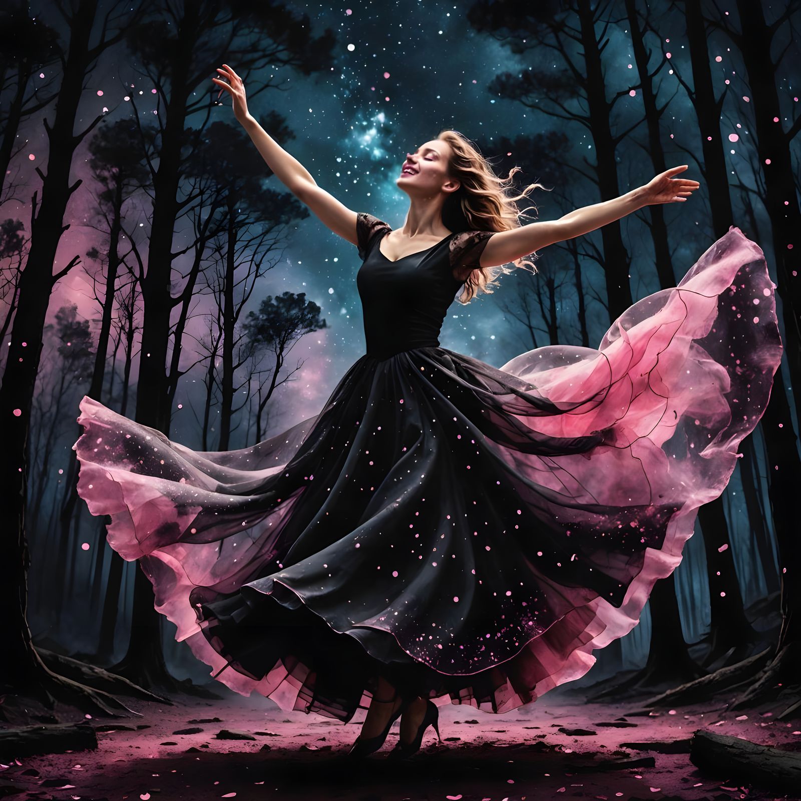 Pink Ink Dancer in a Starry Black Night