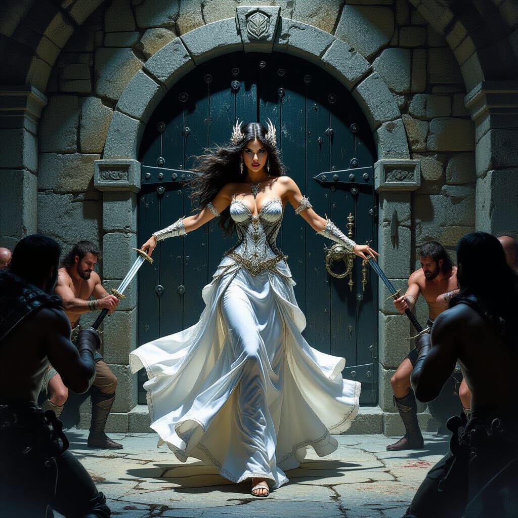 Damsel Dancing with Drunkards in Frazetta Style