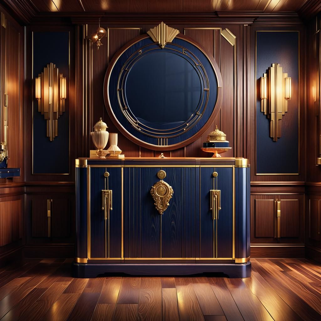 Elegant Art Deco Study in Warm Gold and Navy