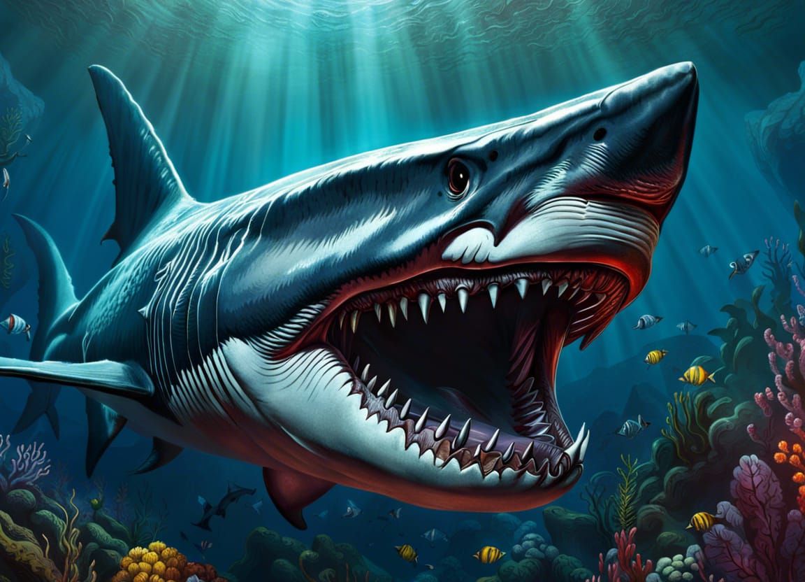 Menacing Ultrarealistic Megalodon in Hyperrealistic Style