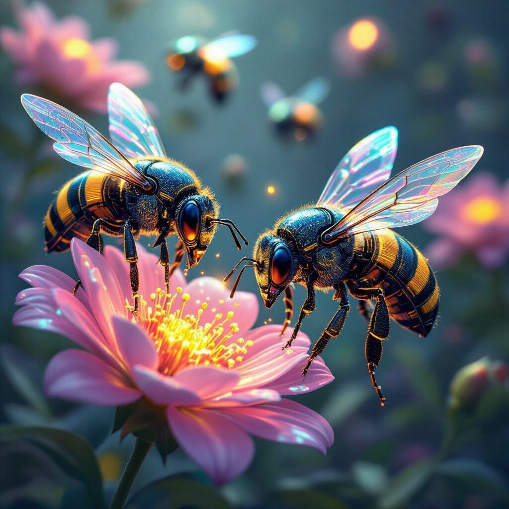 Robotic Bees Pollinate Luminous Flowers in Futuristic Settin...