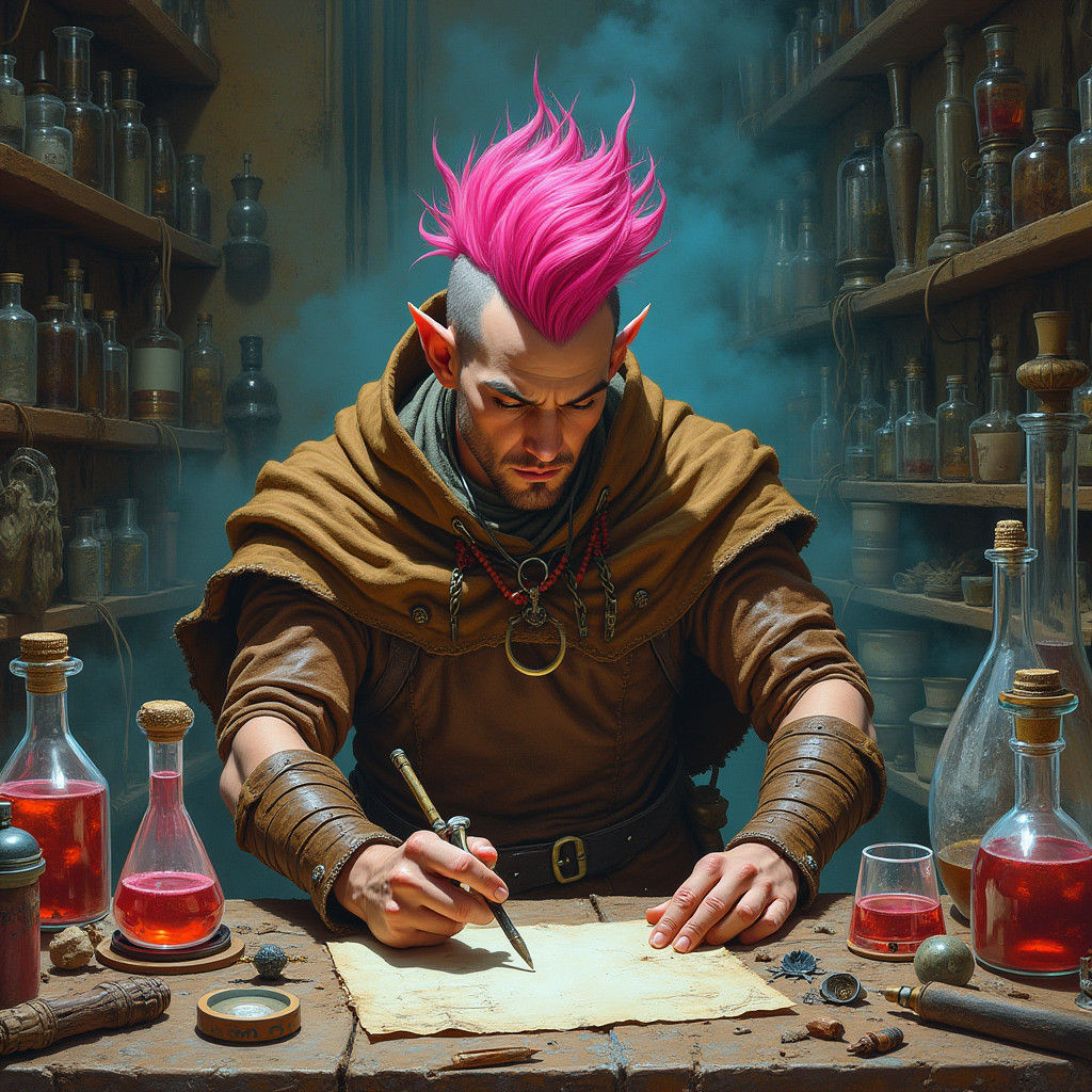 Half-Elf Alchemist with Pink Mohawk, Fantasy Art