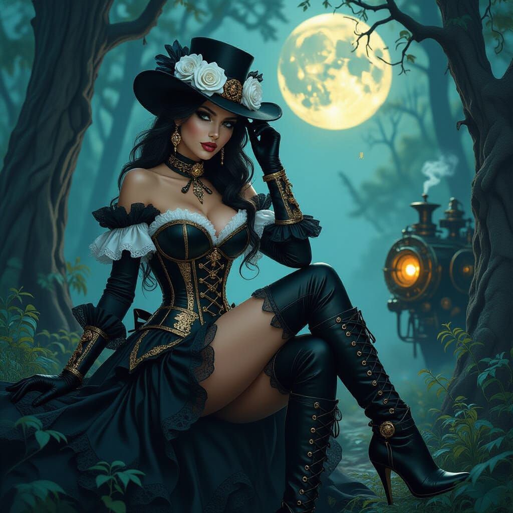Steampunk Gothic Woman in Moonlit Forest