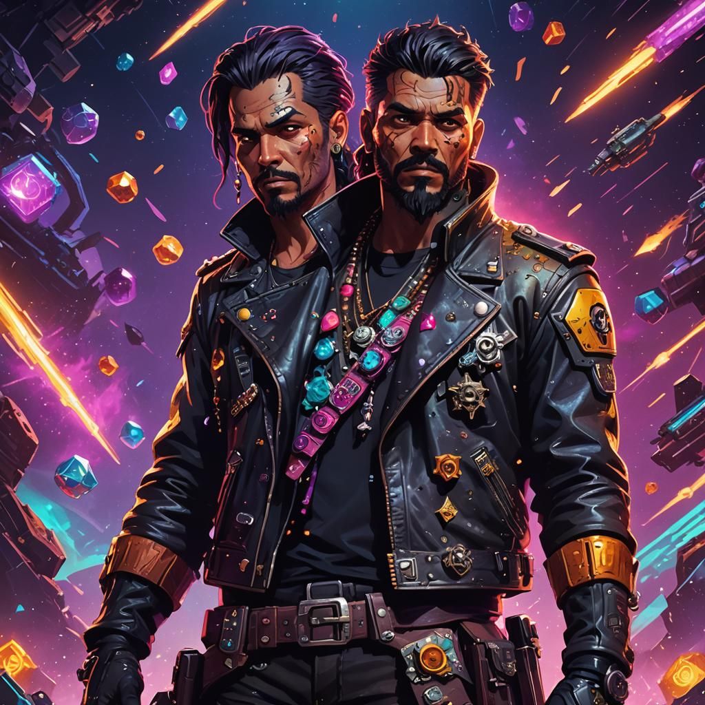 Space Pirate with Stolen Gems in Neon Lighting