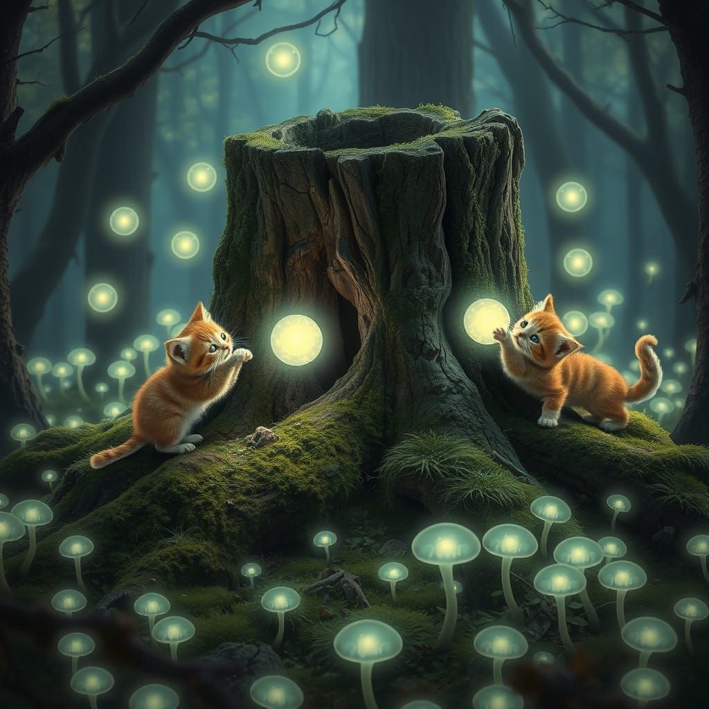 Enchanted Kittens Play in Bioluminescent Forest