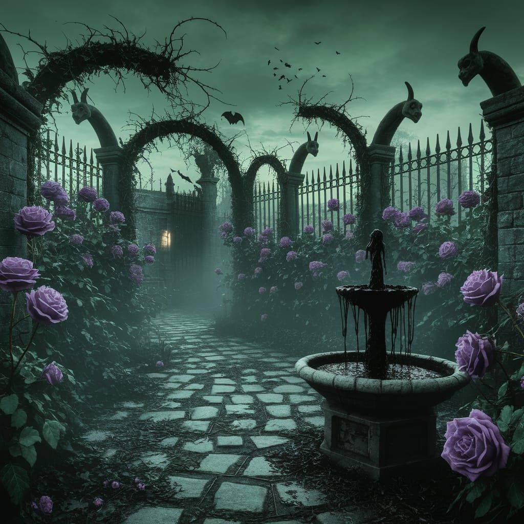 Gothic Medieval Garden at Dusk in Fantasy Style