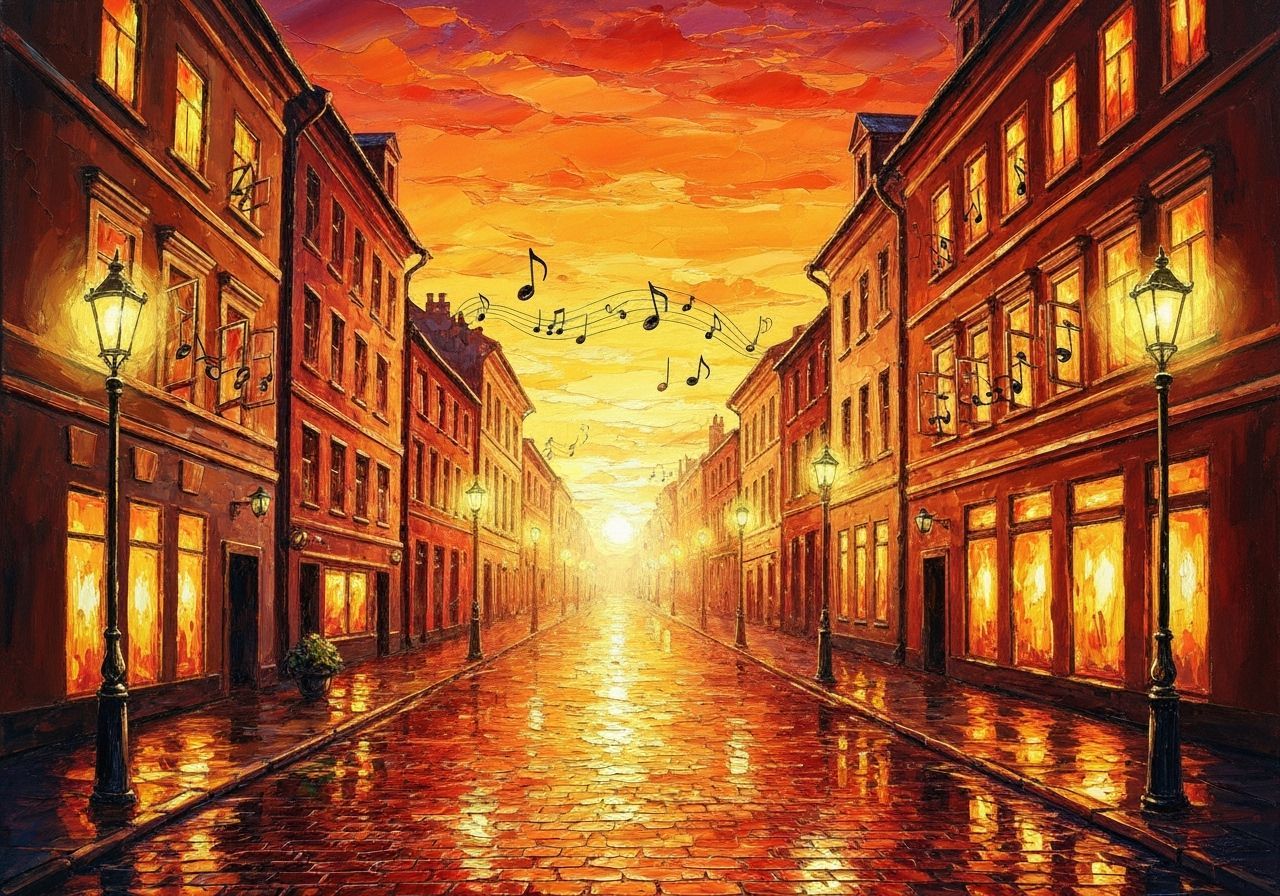 Musical City Sunset in Impasto Style