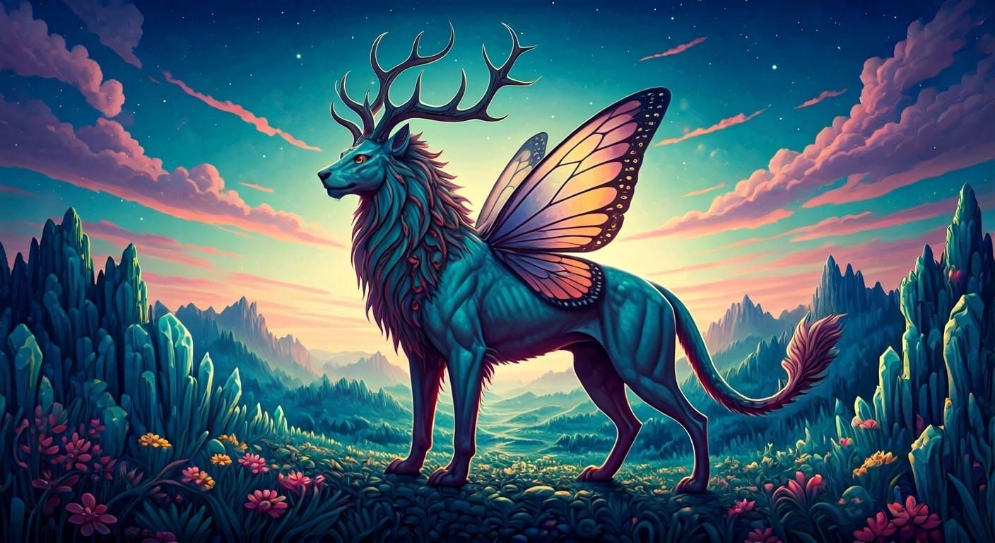 Iridescent Lion-Butterfly Beast in Alien Dreamscape