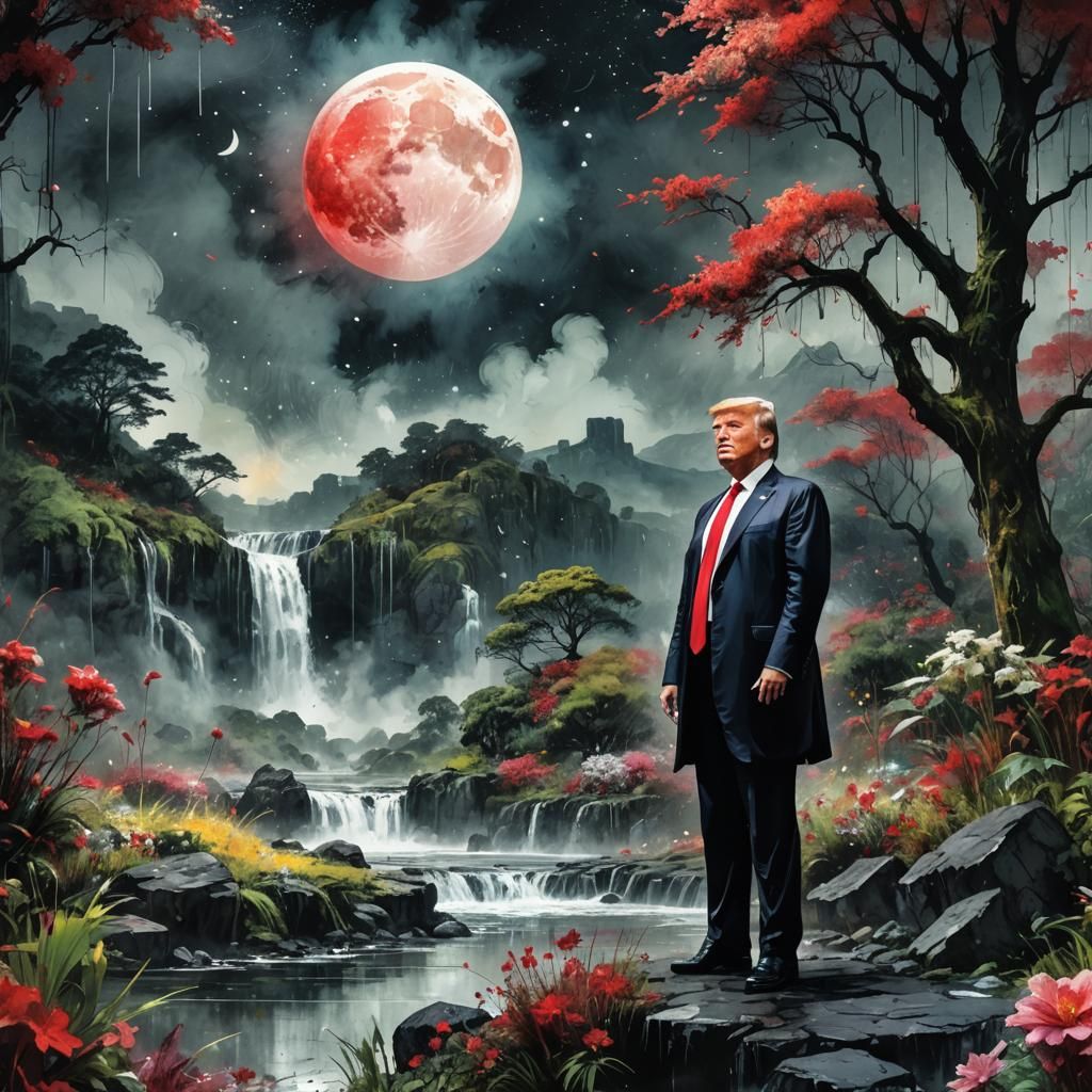 Trump in Surreal Landscape with Moon, Ink Splatter Art
