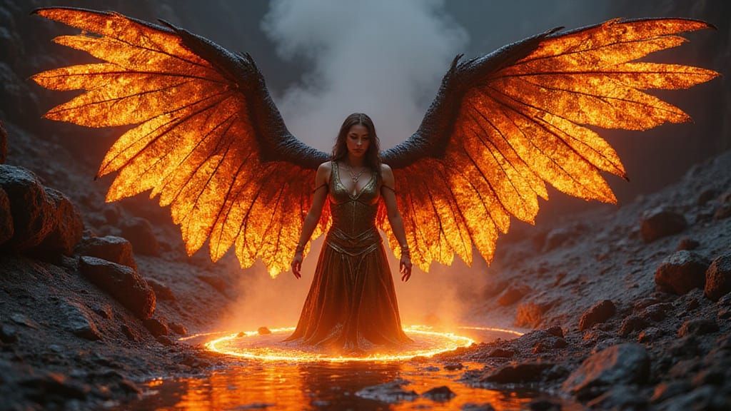 Majestic Guardian Angel Rises from Volcanic Caldera