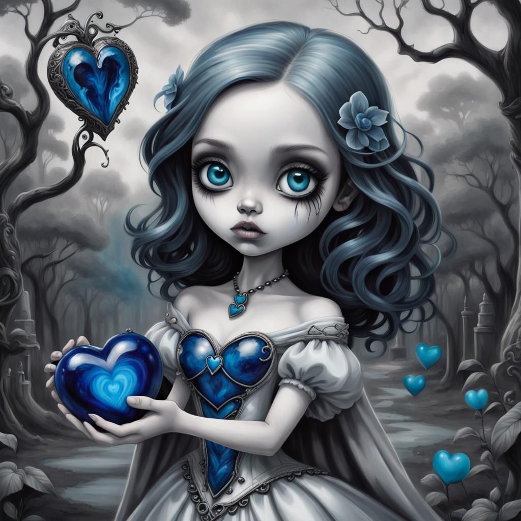 Grayscale Creature Offers Blue Heart, Burton Style