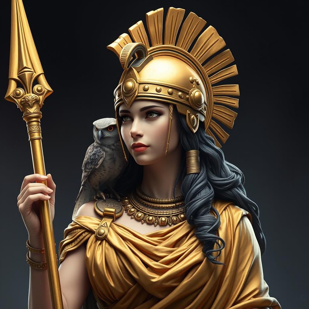 Athena in Golden Toga with Owl, Fantasy Art