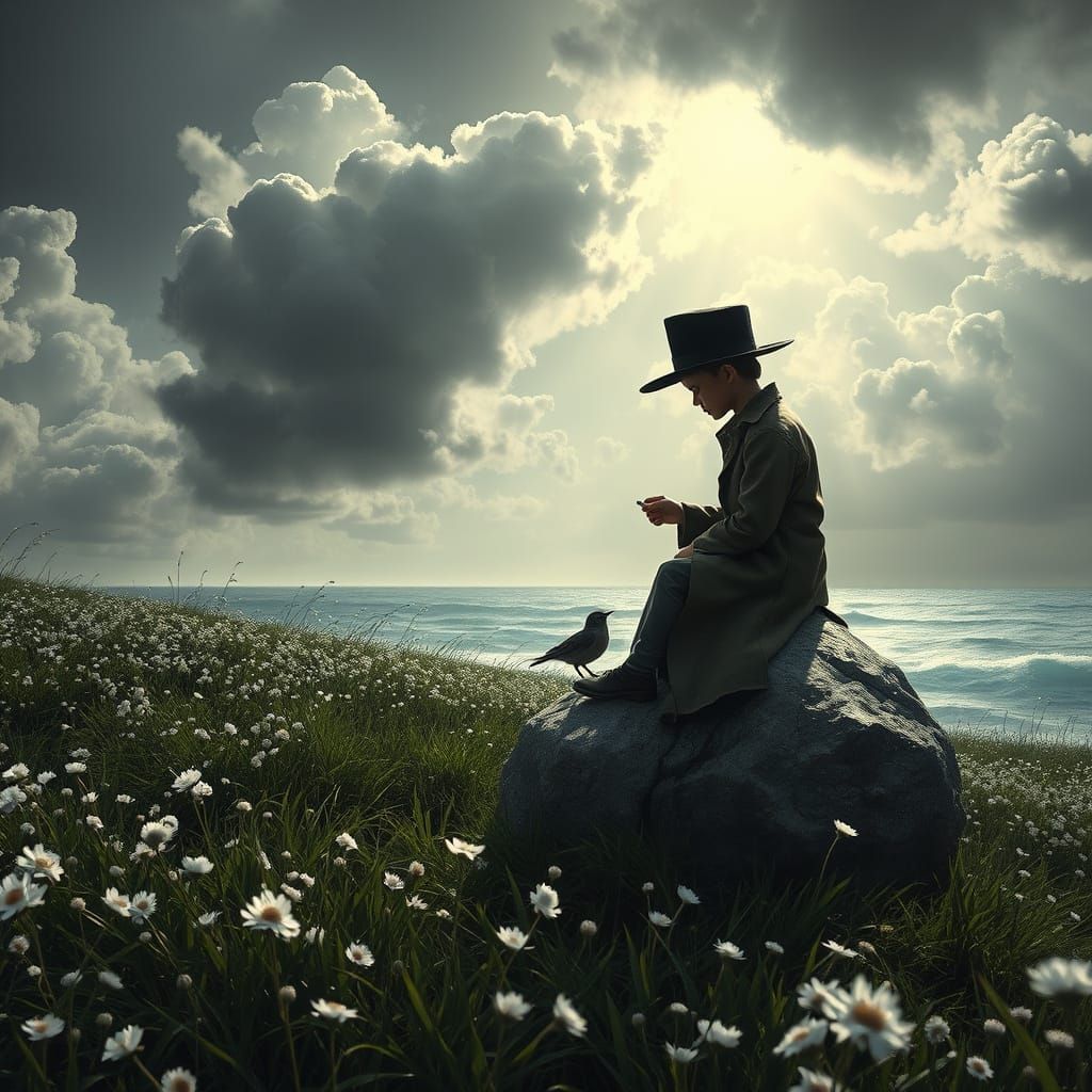 Boy Feeding Bird in Dramatic Landscape