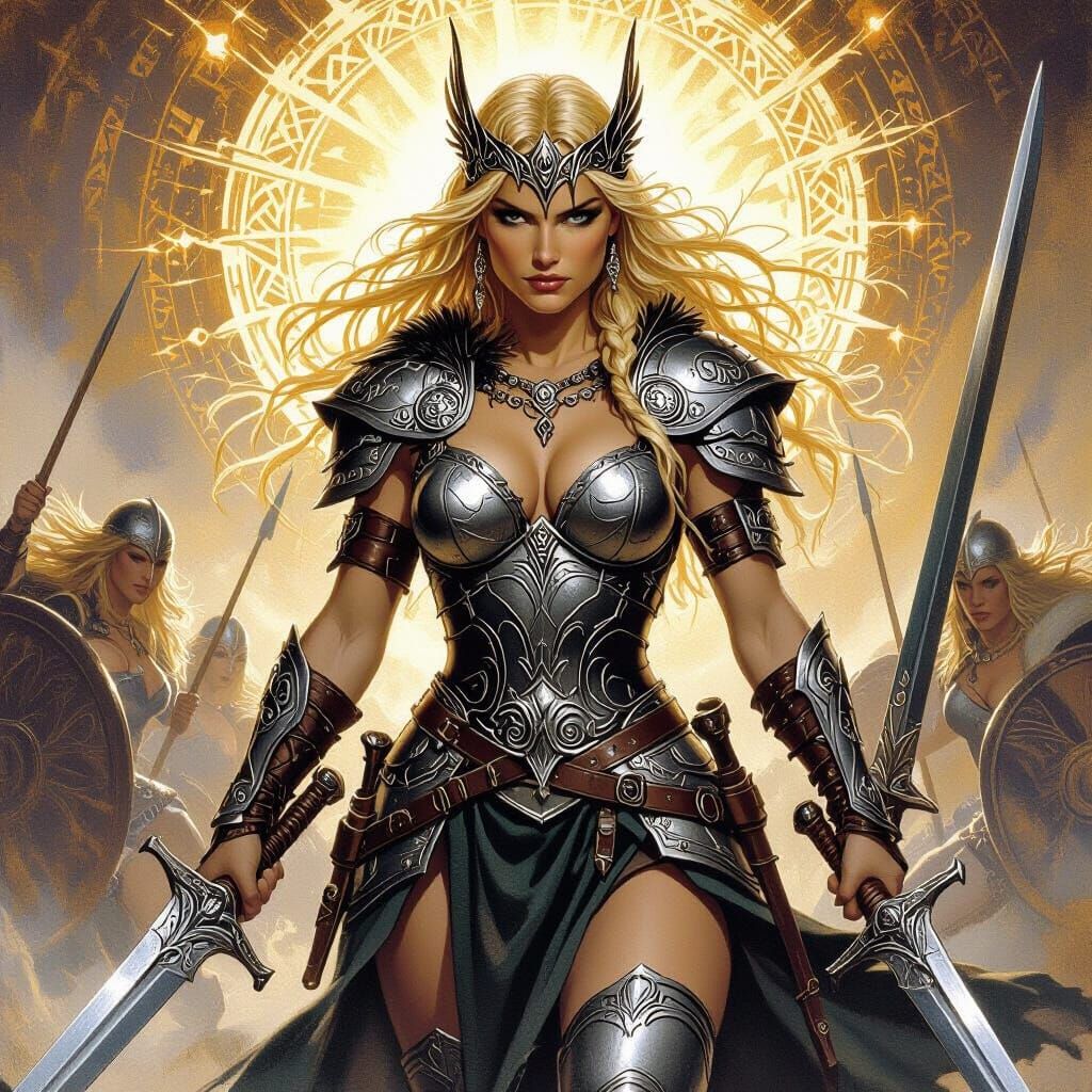 Freyja Leads Valkyries into Battle in Fantasy Art Style