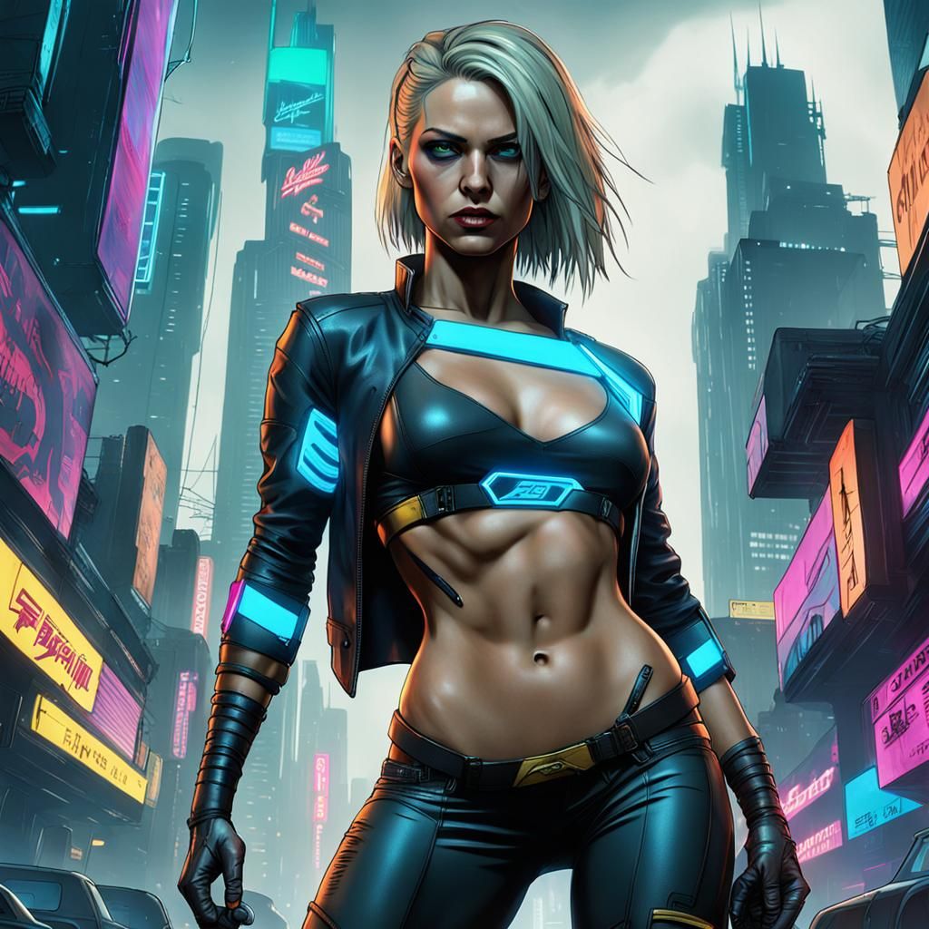 Cyberpunk Superhero: Blonde Warrior in Neon City