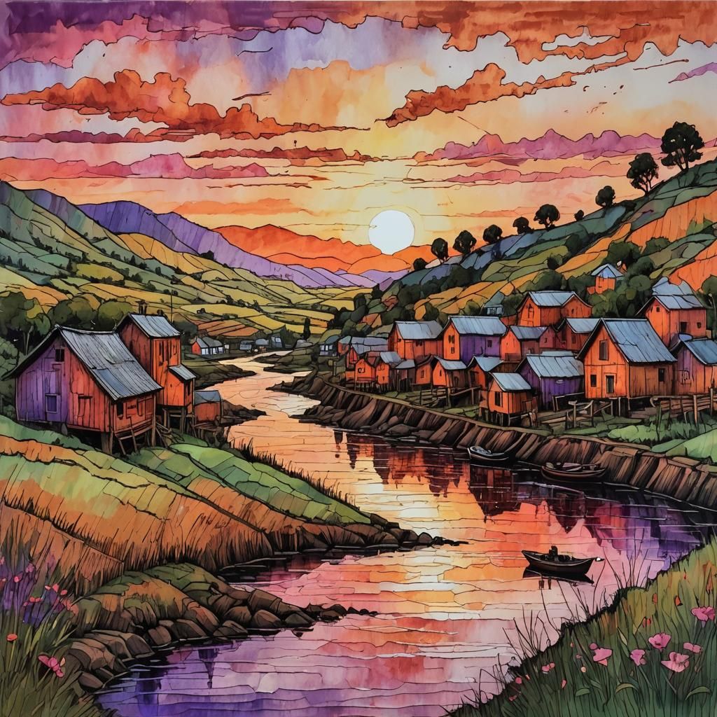 Village Sunset with Corrugated Cardboard Textures