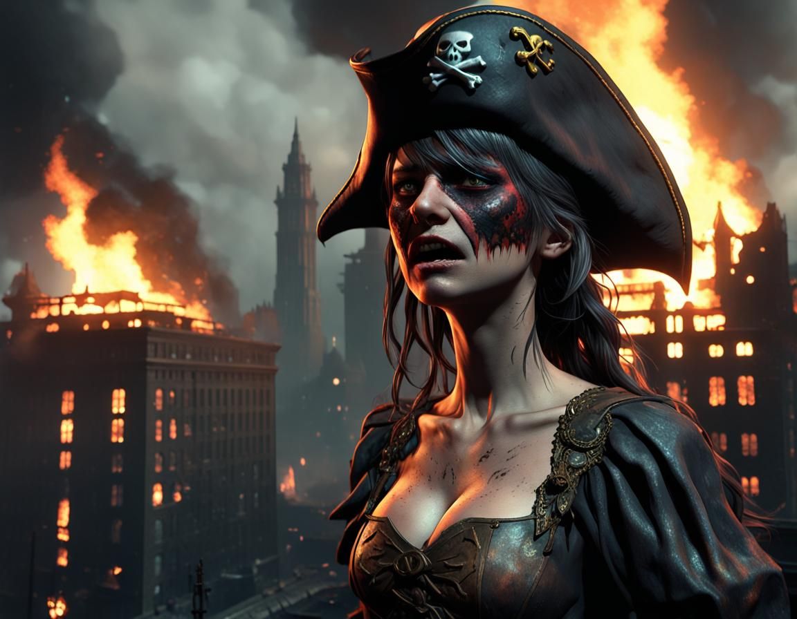Pirate Batgirl Crying in Burning Gotham, Cinematic Style