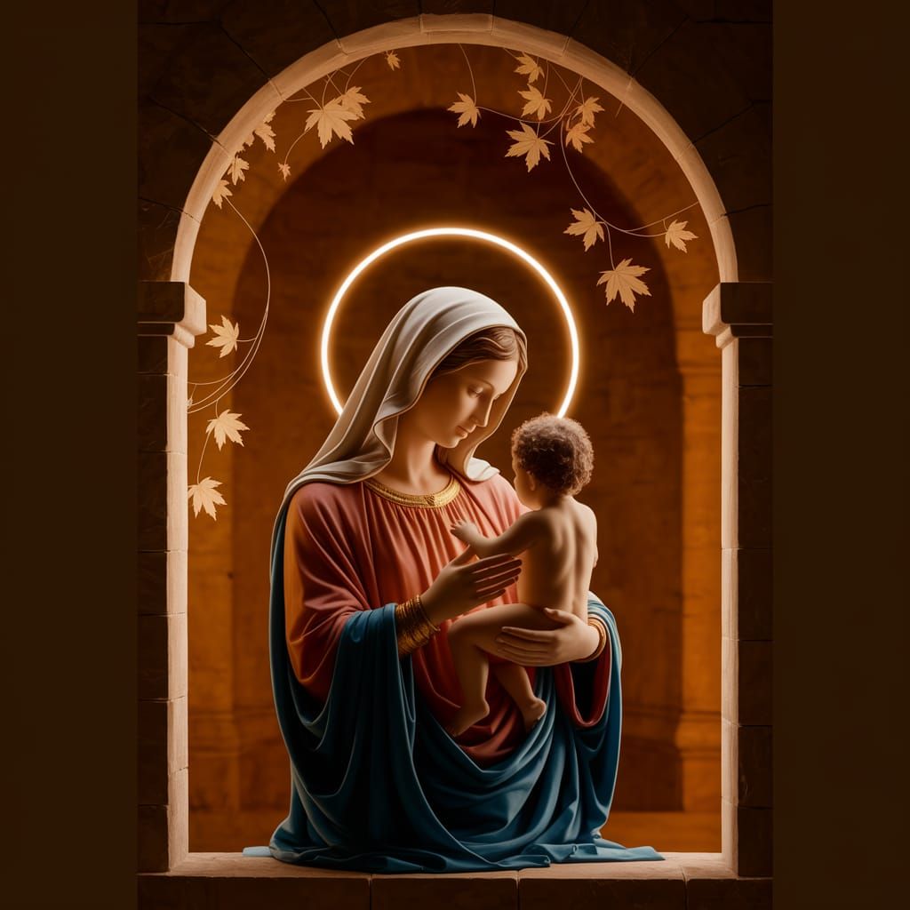 Religious Portrait of Virgin Mary Holding Child in Golden Li...