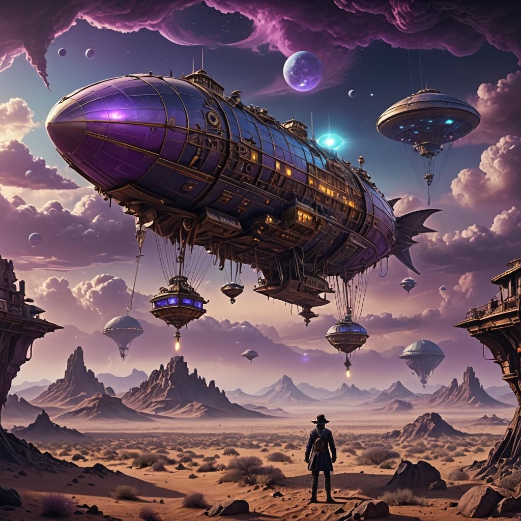 Steampunk Airship Over Alien Planet in Digital Art
