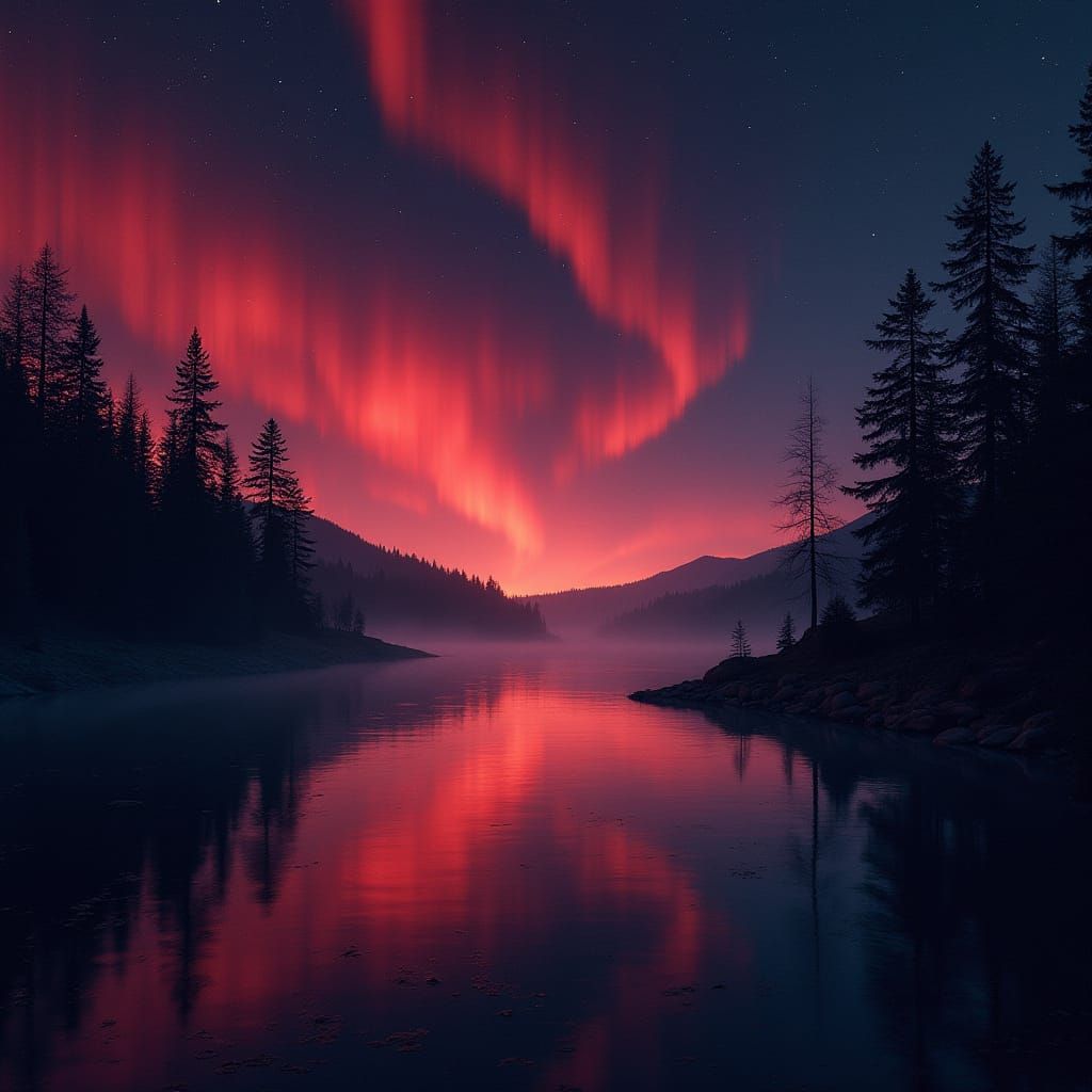 Ethereal Aurora Borealis Dance in Vibrant Crimson and Scarle...