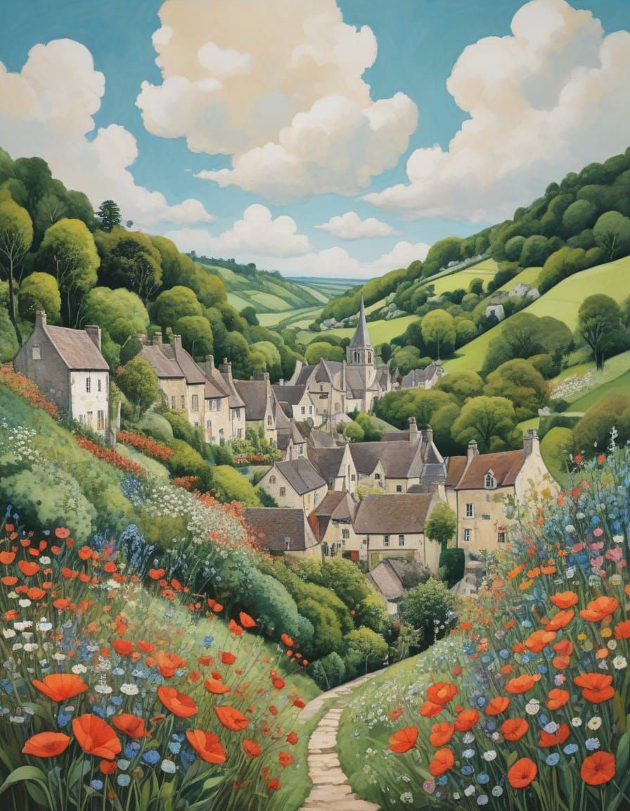 Vibrant Cubist Castle Combe Skyline in Springtime