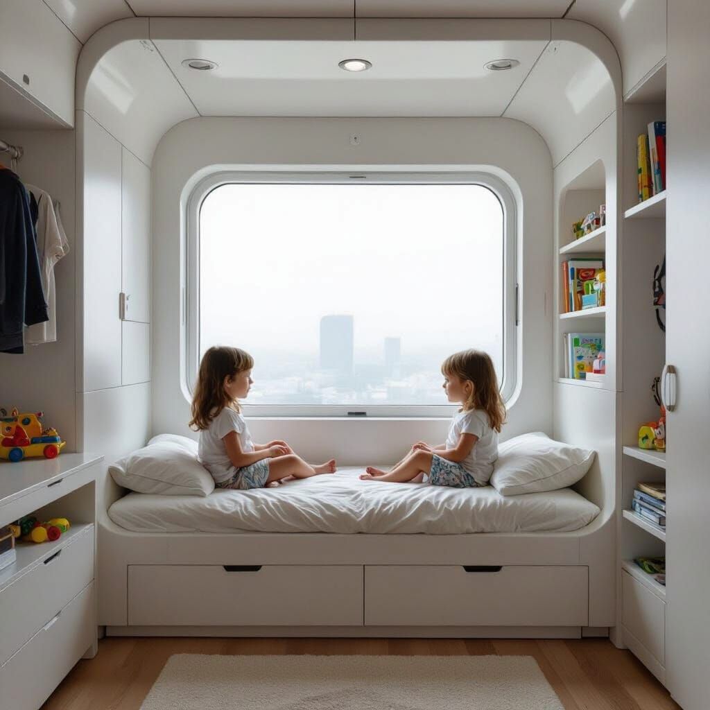 Futuristic Bedroom: Girl on Window Bed