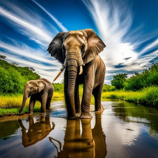 Giant Elephant Family Crossing Zambezi River