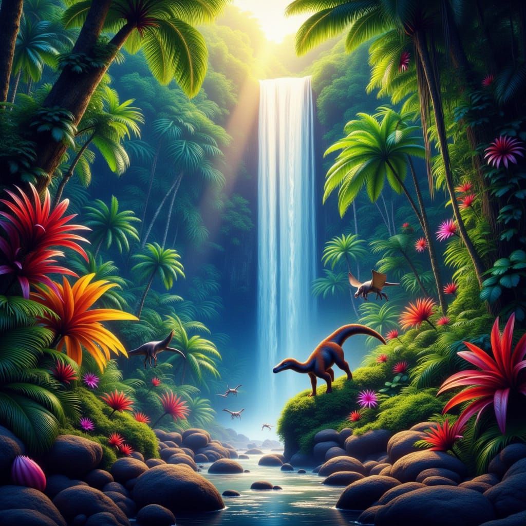Vibrant Jurassic Jungle with Dinosaurs and Waterfall