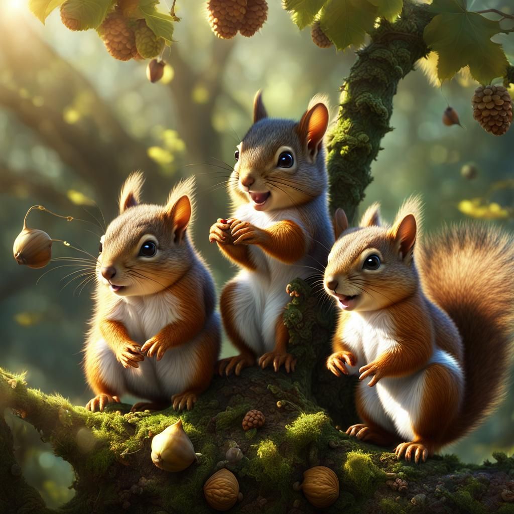 Adorable Squirrels Playing: Fantastical Detailed Matte Paint...