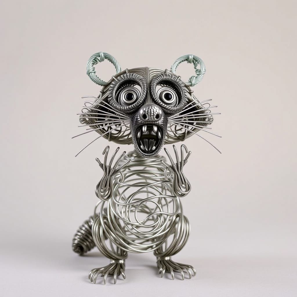 Surprised Raccoon Wire Sculpture with Exaggerated Features