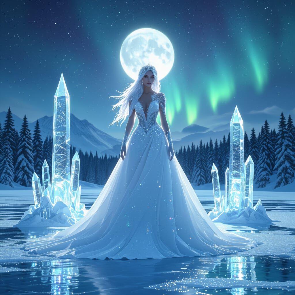 Regal Snow Woman on Frozen Lake Under Aurora Sky