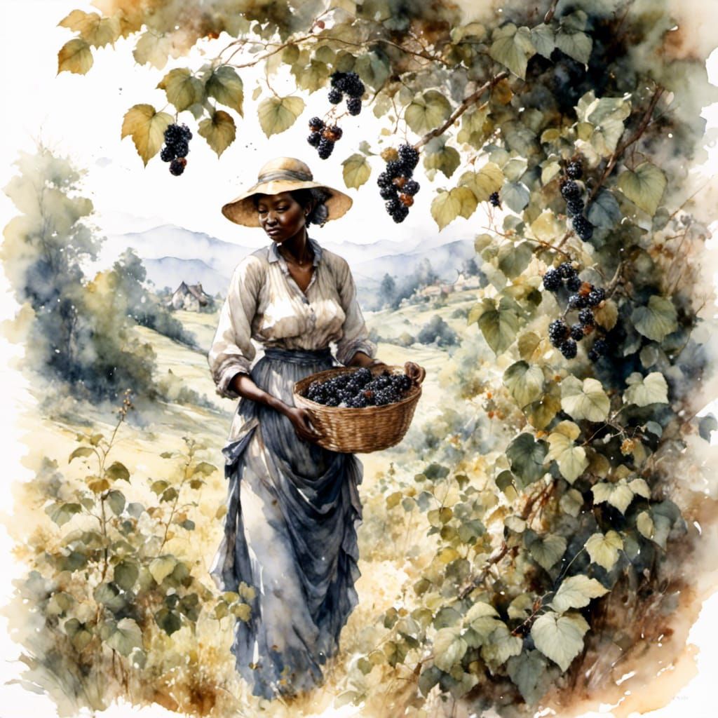 Blackberry Picking in Watercolor Sketch Style