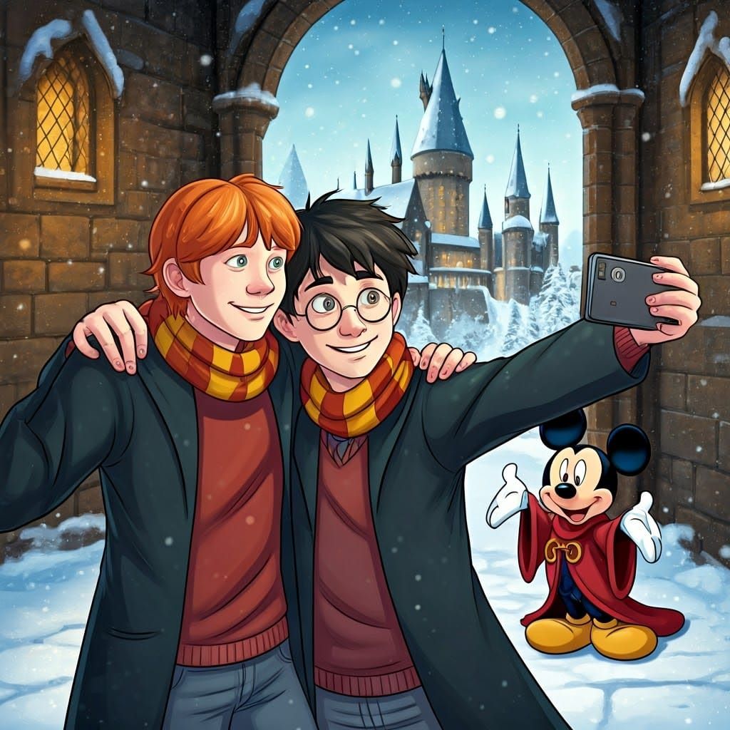 Ron Hernine and harry taking a selfie in front of hogwarts w...