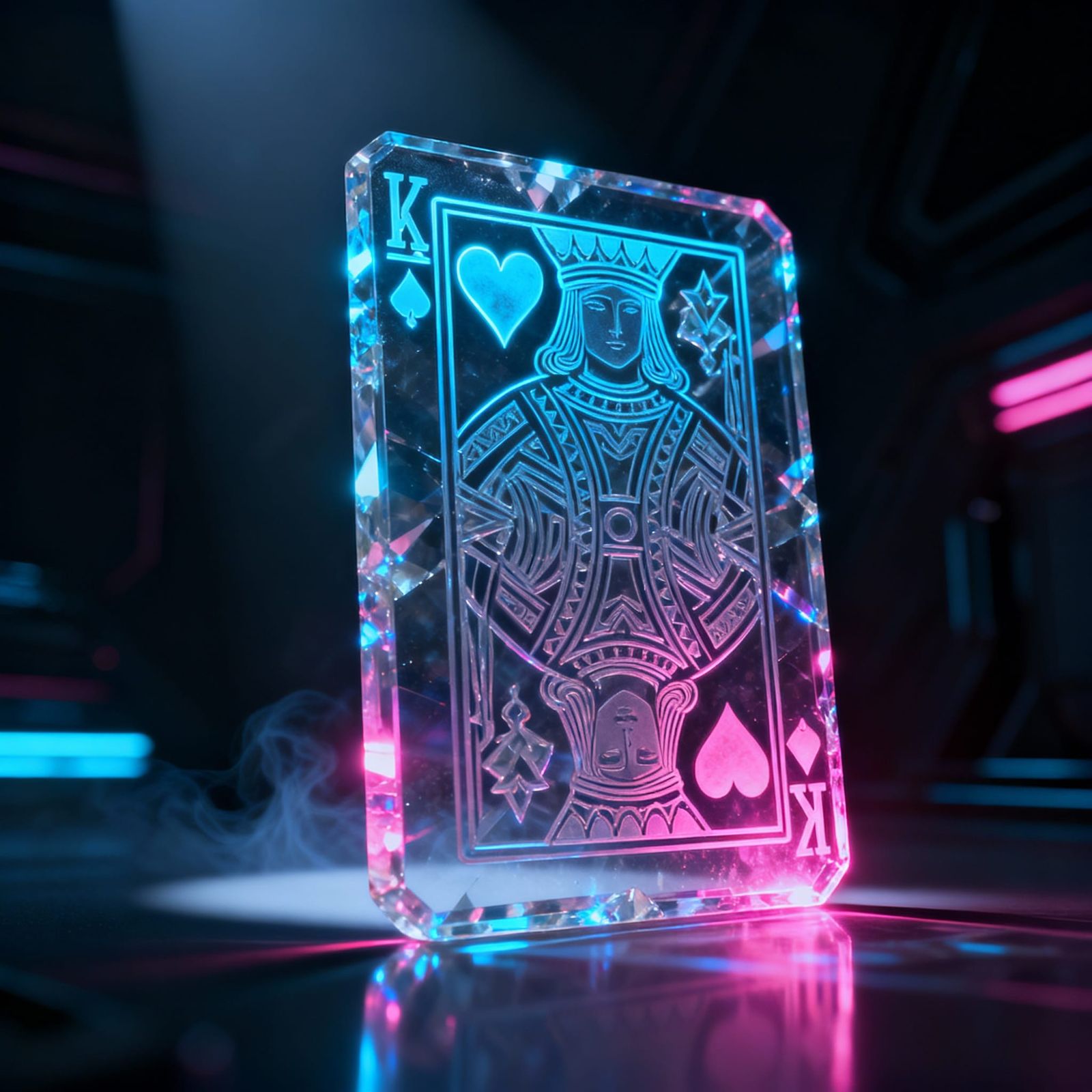 Glass Queen of Hearts Card Glows Neon Blue and Magenta
