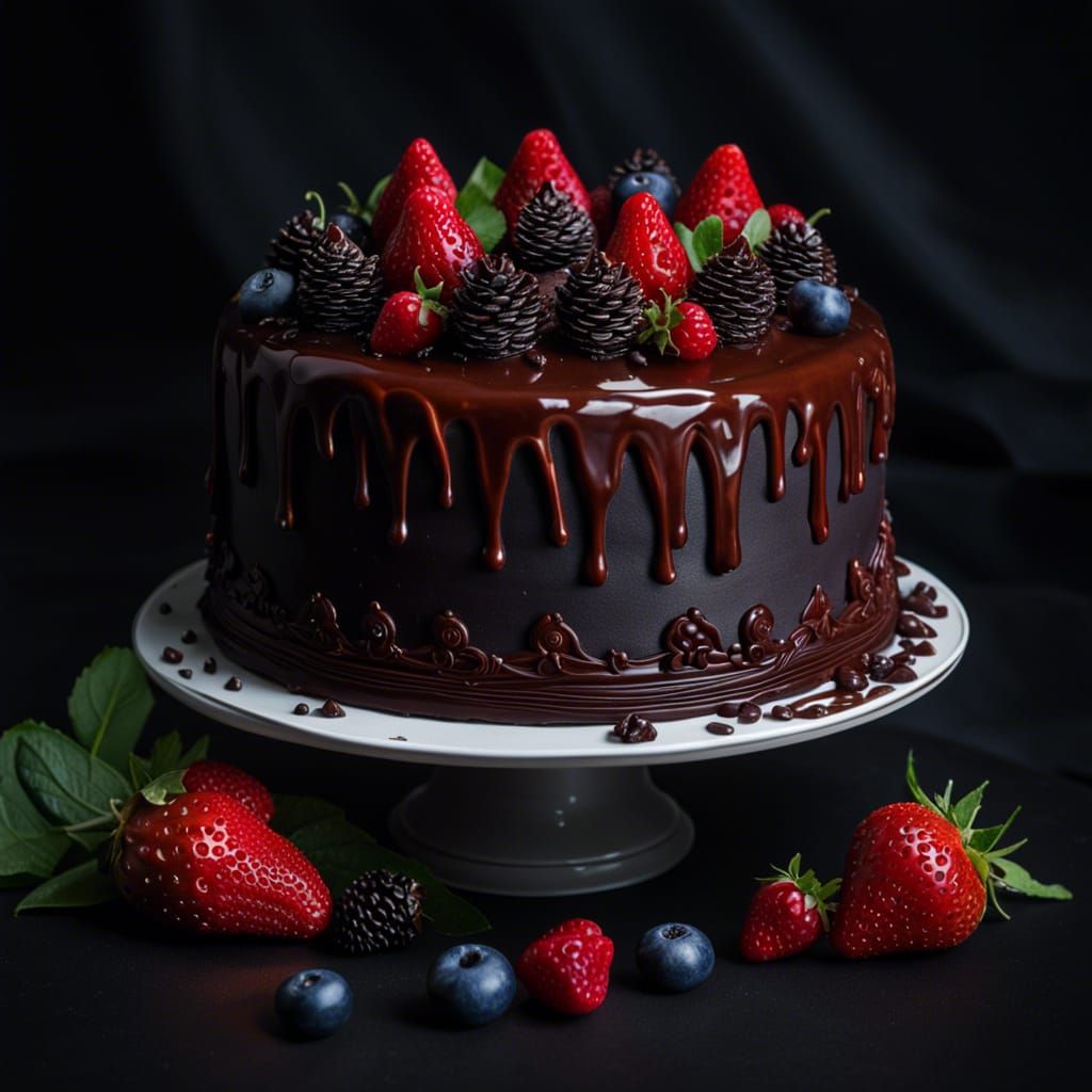 Gothic Chocolate Strawberry Cake in Dark Fantasy Art