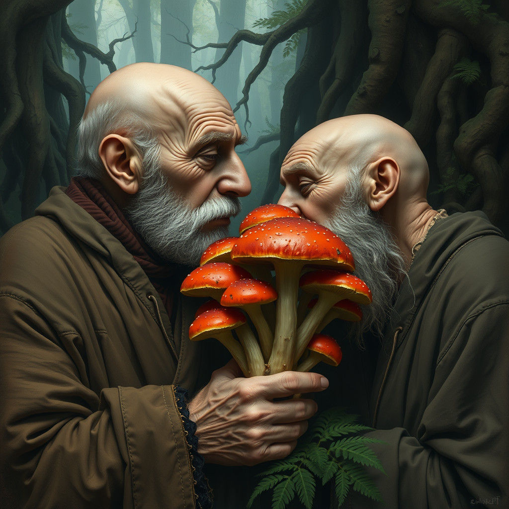 Elderly Men Kissing Poisonous Mushrooms in Dark Surrealism